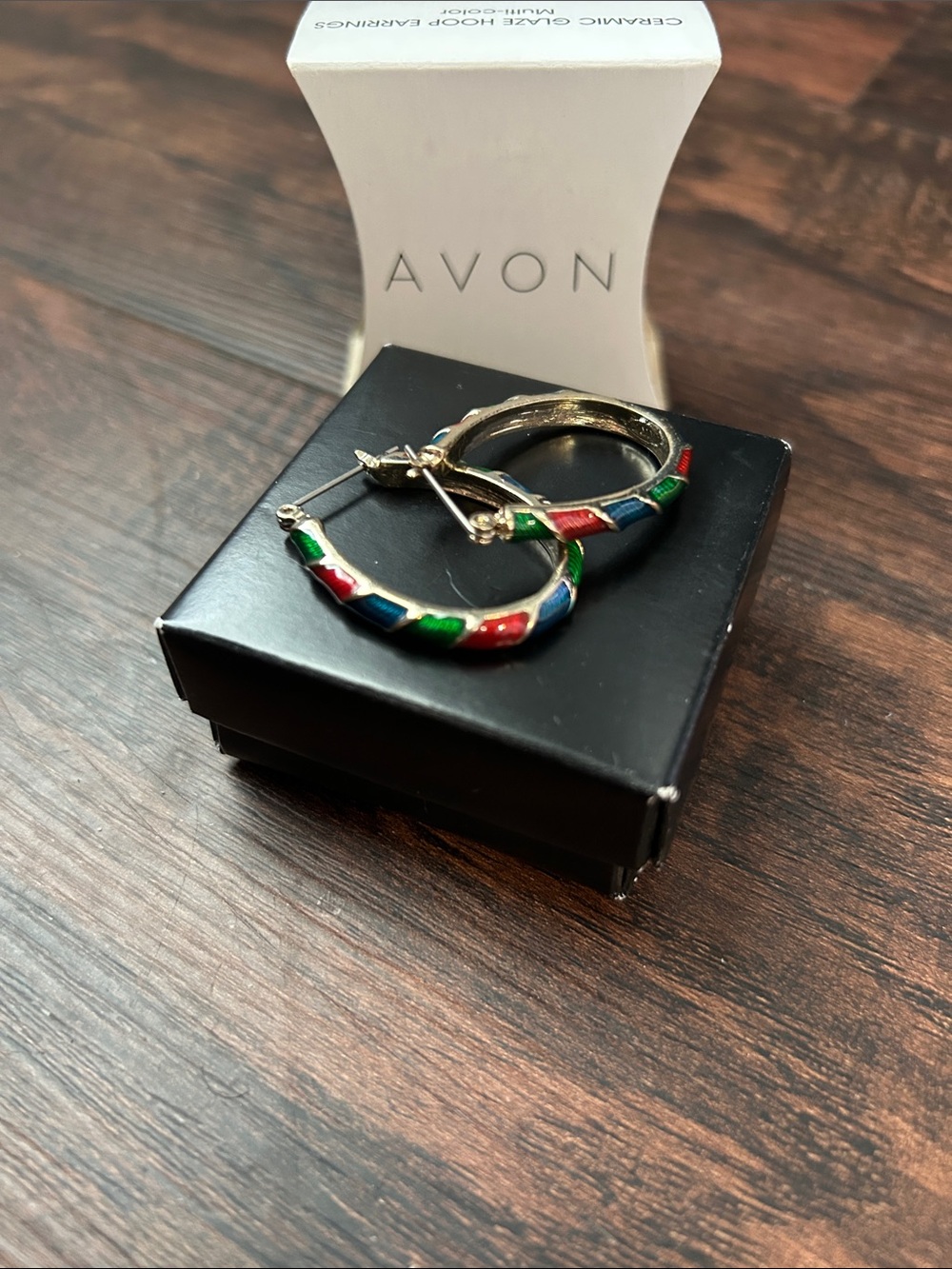 Avon Gold Tone Hoops with Red and Green Enamel